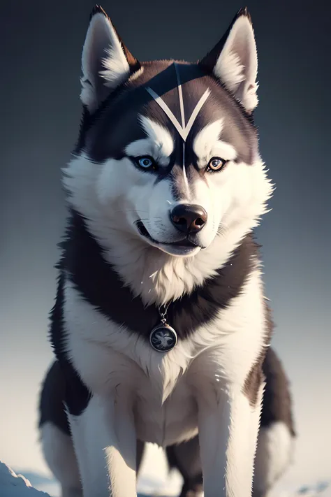 A husky，Wise eyes，commerciaphotography，solid black background