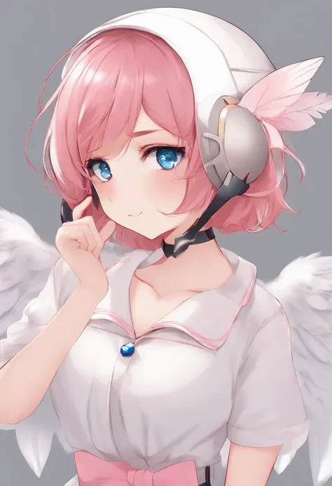 Ski style, 1girll, Solo, Pink hair, Animal ears, Blue eyes, Wings, view the viewer, dark mole, bangs, Short hair, bow, Sailor co...