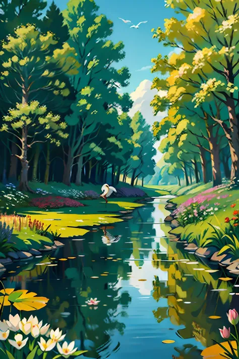 a painting of a springtime landscape, green trees and flowers, a swan in a pond, midday light.