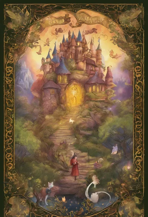 book cover_enchanted hearts: tales from the magic land, wizard, elf, dragon, mirror, cat in boots, magic tree