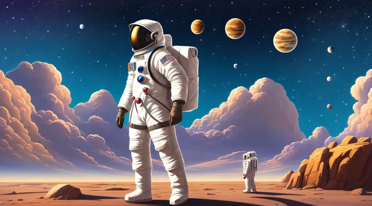 an astronaut is standing on a rock looking at planets, sci-fi digital art, sci-fi digital art illustration, people art, sci - fi...