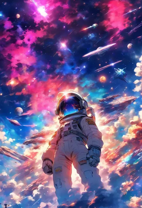 outer space, nebulosa, starly sky, cores vivas e fortes, aeronave no fundo, astronauta de capacete e roupa de banho, barbecuing ...