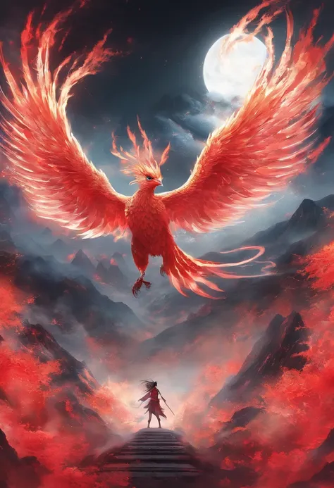 china-style，chinese mythology，firebird，tosen，ferocious，gargantuan，the eyes glow red，covered in flames，surrounded by cloud，中景 the...