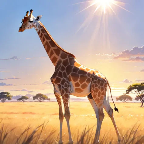 "(Majestic giraffe standing on a sunlit savannah:1.3)"