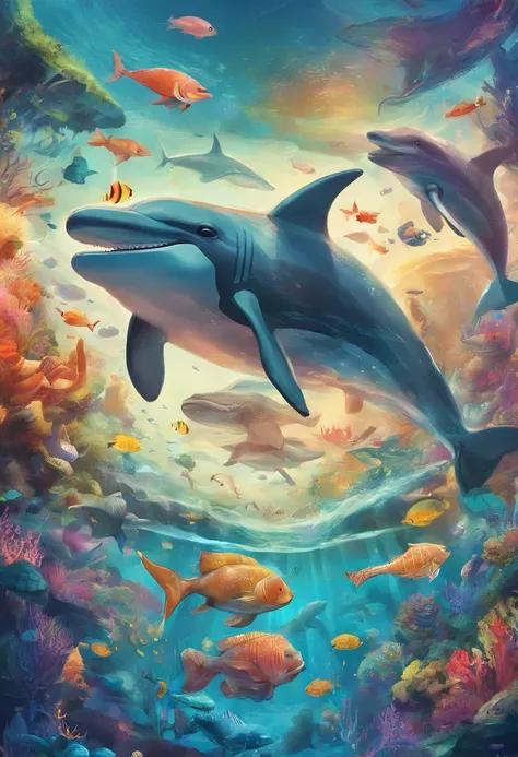 create an enchanting illustration where a diverse array of marine animals, from dolphins and turtles to colorful fish and majest...