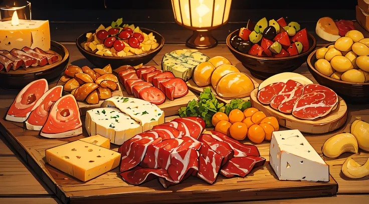 ((masterpiece)), ((best quality)), a rustic wooden board filled with a delectable charcuterie spread, featuring an assortment of...