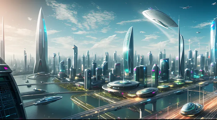 future-tech，cidade futuristica，future girl by the window，clean energy，green environmental protection，small flying machines sail ...