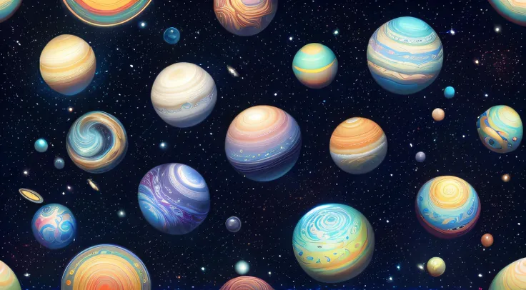 seamless patterns of galaxies and planets, cosmic design, repeating patterns design, fabric art, flat illustration, rainbow-core...