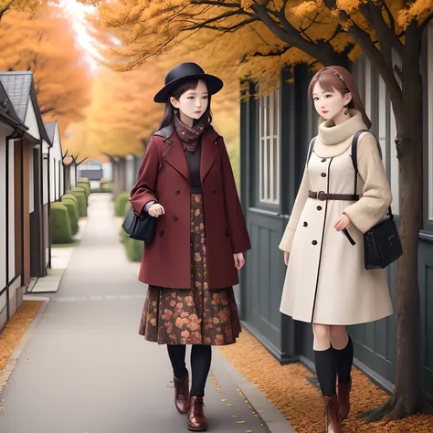 autumn trees々and flowers、dressed in autumn clothes、fashionable european women、residential area