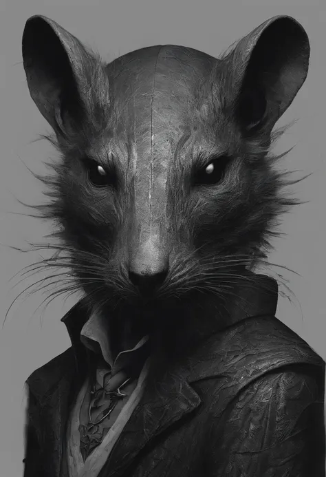 ah high, gaunt, broad-shouldered anthropomorphic rat (Furry). Black head and muzzle. Human eyes, steely gray and shine ominously...