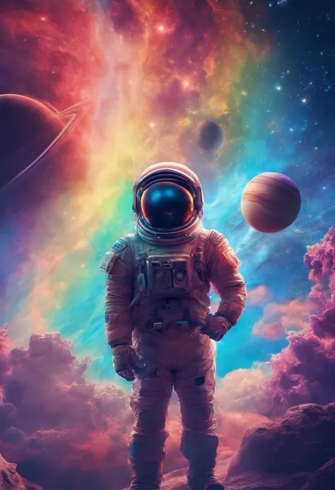 paisagem fantastica em um planeta estrangeiro, sky full of distant planets, um homem com traje espacial azul, a bright rainbow a...