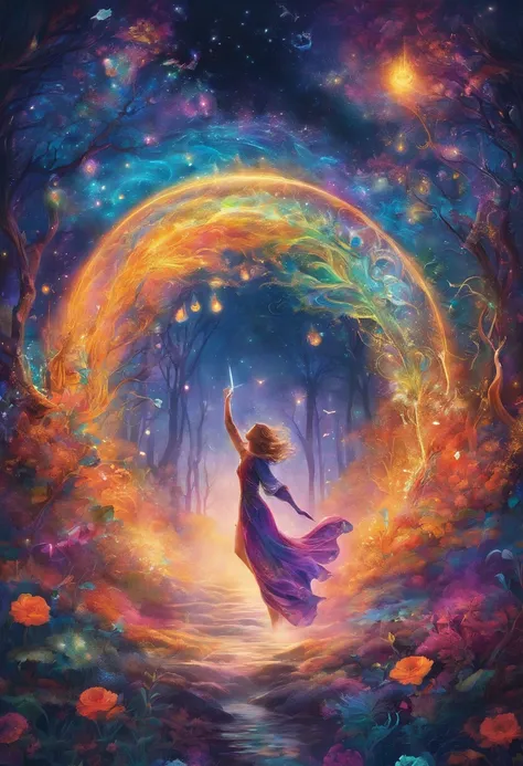 girl casting mystical glowing spells, fantasy rainbow forest, vibrant colors, ethereal lighting, detailed foliage, magical atmos...