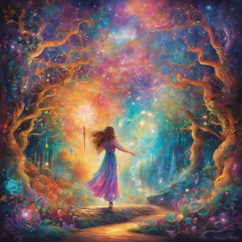 girl casting mystical glowing spells, fantasy rainbow forest, vibrant colors, ethereal lighting, detailed foliage, magical atmos...