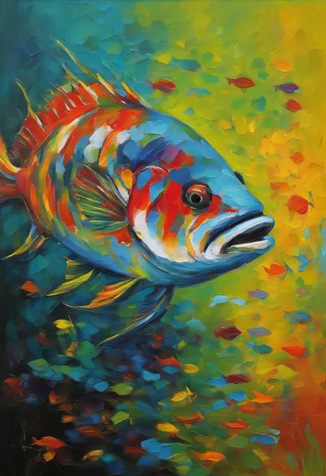 Create an impressionistic painting with the head of a fish, (olhando para a frente) , Sober, (fundo preto), UHD 8k, Very high qu...