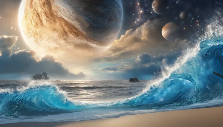 huge planet, the night, starrysky, surrealism, masutepiece, hight resolution、impressive milky way、sand beach、blue sea、washed up ...