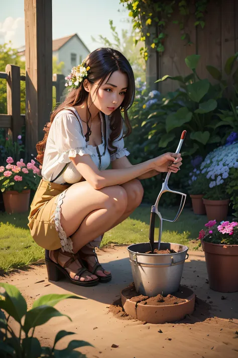 a lady model is using garden tools and dig the soil to grow flower