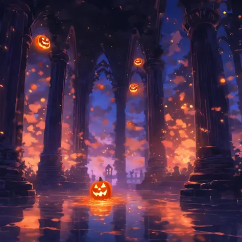 halloween floating lights, cinematic light and reflection, glowing lights, intermediate metaverse elements，digital painting, glo...