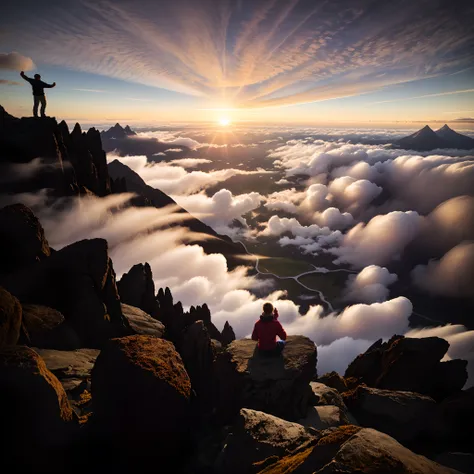 people sit on top of a mountain and watch the sun rise over the clouds, heaven in the top, rise above clouds, above the clouds, ...