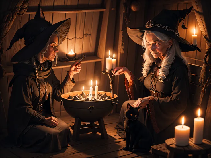 Old witch, in a hut, stirring the cauldron with a black cat on her shoulder, dark environment, lit by candles and fire