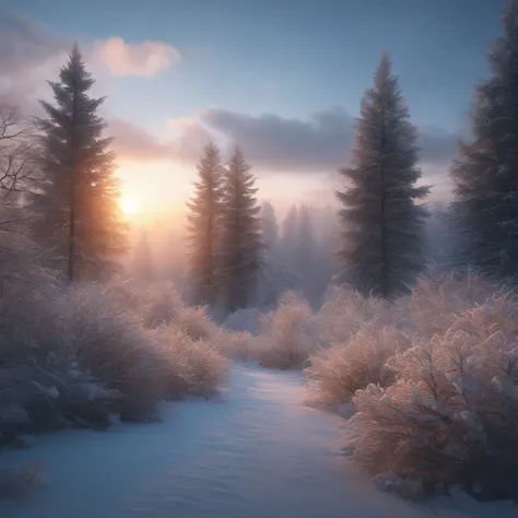 snowy trees，there is dew on the edges of the leaves，magic hour，photorealistic cinematic render, cinematic 3d render, realistic c...