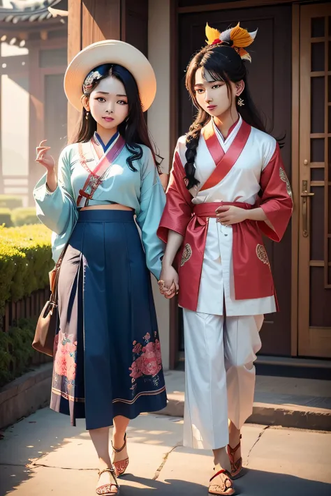 "generate an image that symbolizes cultural harmony and connection. in the foreground, portray a korean k-pop idol dressed in a ...