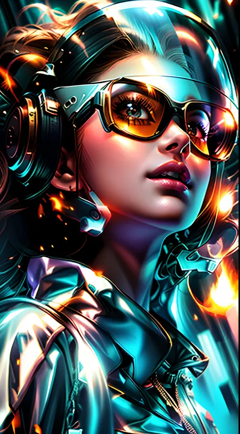 a woman wearing a helmet and sunglasses with a fire in the background, bela arte digital, stunning digital illustration, epic di...