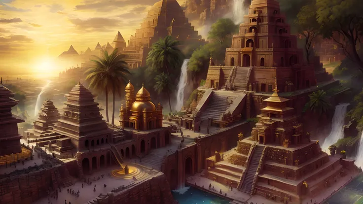 masterpiece, best quality, very detailed ancient city made of gold with golden shiny pyramids and ancient temples, huge statues,...