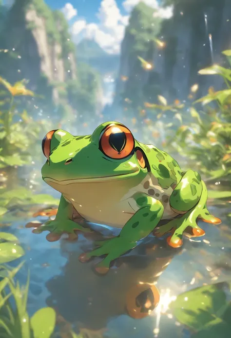 (((Animals))) best quality, very high resolution, 4K detailed CG, masterpiece, Inflated frog, Mountains, Forest, aesthetics, ((F...