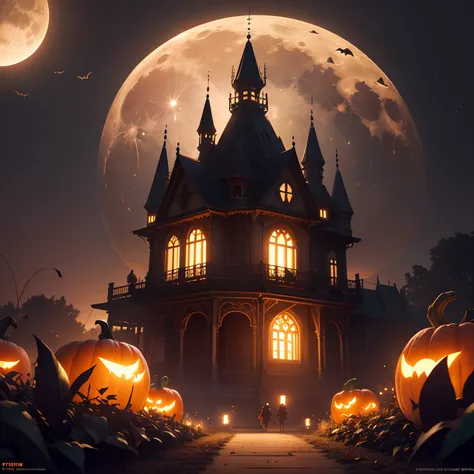 Bats fly、Fantastic landscape of pumpkin patch, Bright full moon illuminates the light of the moon, lush garden, Orange pumpkin, ...