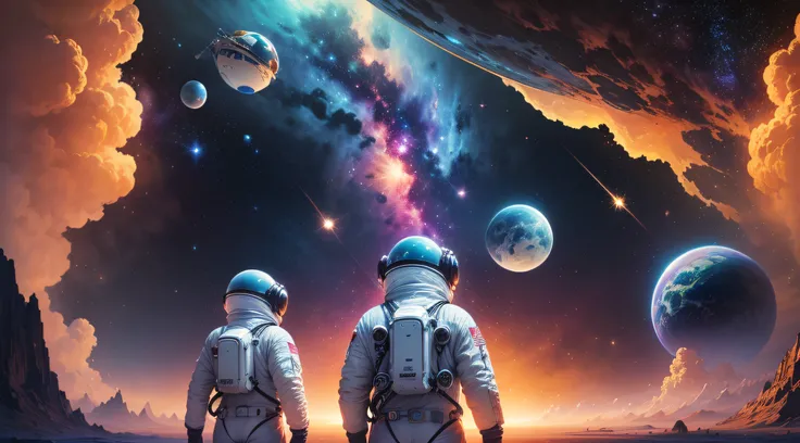 space scene with close-up of astronauts on planet, space, cosmic space, space travelling, space travelling, cosmic space, outers...