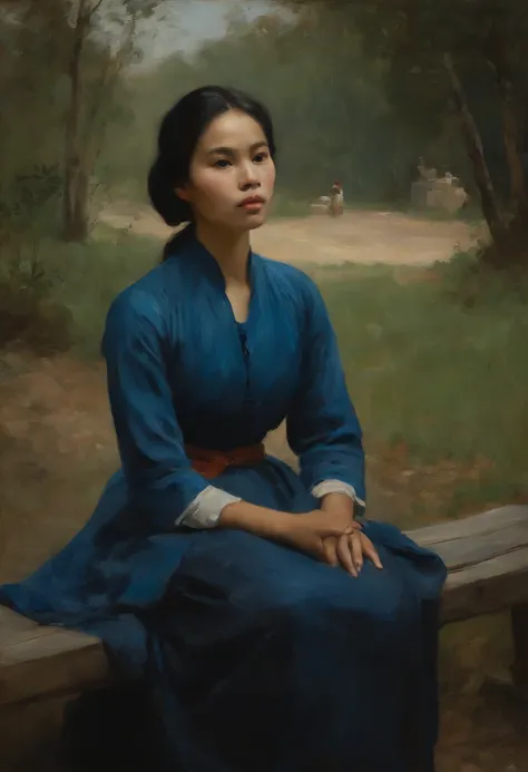 painting of a young vietnamese woman in blue áo dài, sitting on a bench in a wooded area, eine junge frau, classical oil paintin...