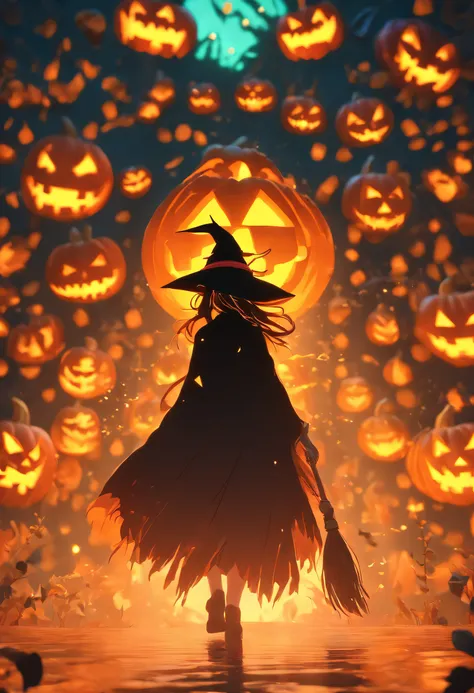 (A witch walks towards a giant jack-o-lantern:1.5),(Halloween element:1.1),miniature world,(clean background),masterpiece,best q...