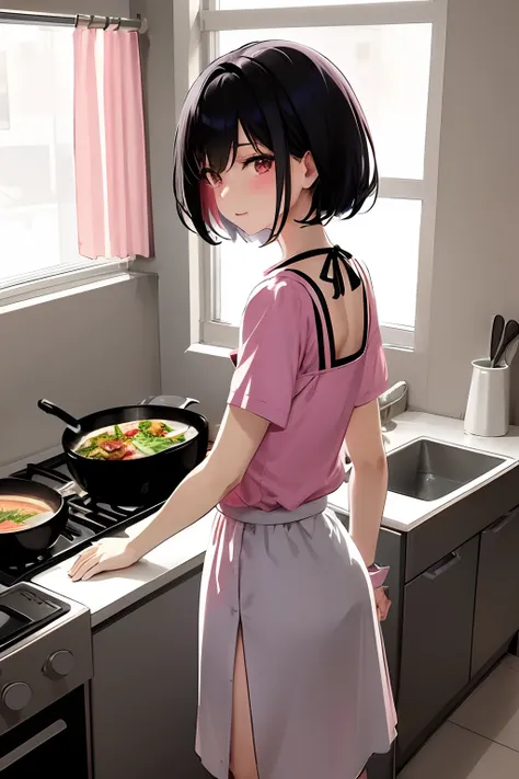 anime girl cooking food in a kitchen with a stove and sink, cooking, anime visual of a cute girl, sakimi chan, anime moe artstyl...