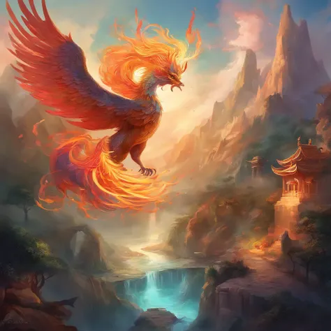 mythological creatures，（（chinese mythology fire phoenix）），traditional chinese elements，ancient murals，illustrative myths，fuyao l...