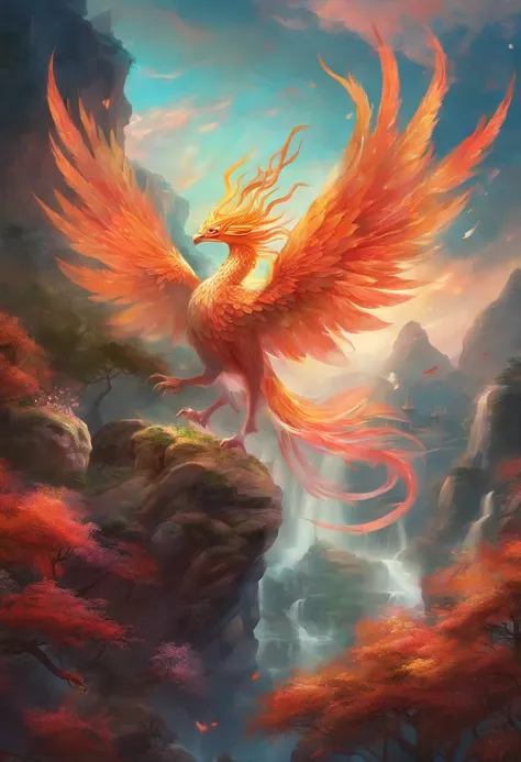 mythological creatures，（（chinese mythology fire phoenix）），traditional chinese elements，ancient murals，illustrative myths，fuyao l...