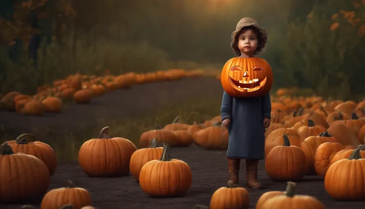 Animated child with pumpkin head and face, adorable, ropa casual, cabello marron liso, con dos calabazas a su lado en el suelo, ...