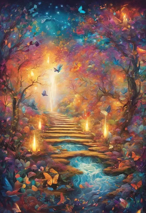 a candle that casts a mysterious luminous spell， dream rainbow forest, vibrant colors, ethereal lighting, detailed foliage, magi...