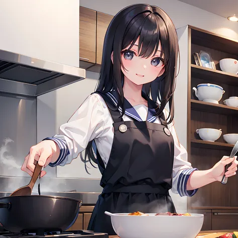 girl with、1 persons、dark hair、black eyes、length hair、cheerful smile、huge smile、pupils、a sailor suit、duan、kitchin、pinafore、cookin...