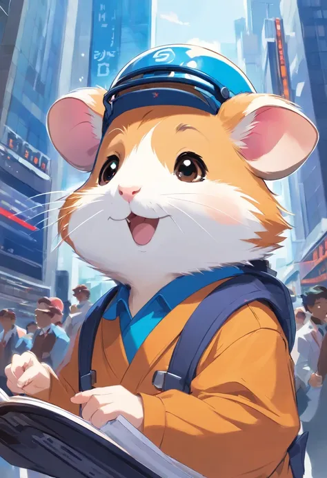 Happy hamster, Hold the instrument, Hard hat on the head, Trading on the stock exchange，frontage，Blue tooling，head portrait