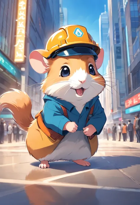 Happy hamster, Hold the instrument, Hard hat on the head, Trading on the stock exchange，frontage，Blue tooling，head portrait