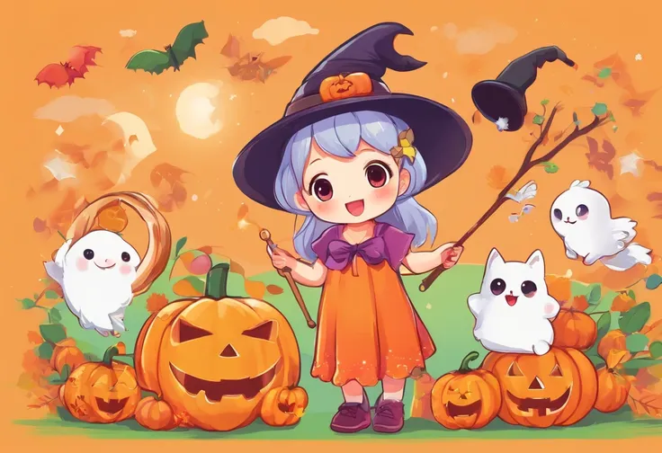 (cute halloween atmosphere:1.5), Fancy pumpkins, Sparkling jewelry, Friendly Ghosts, Sweet treats and colorful candies, Playful ...