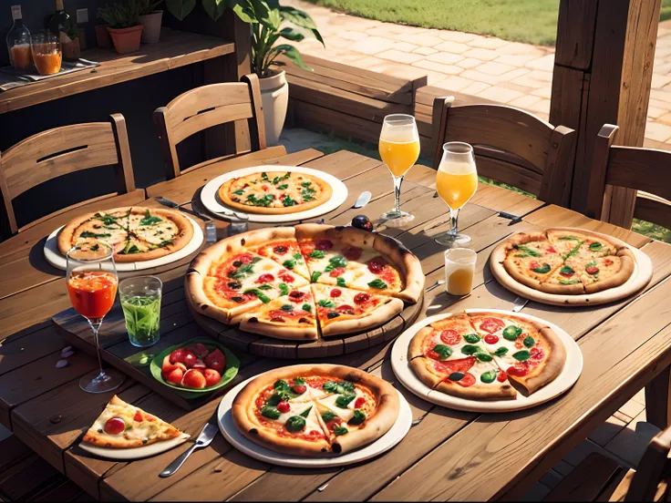 pizza, bebidas, salada e vinagre na mesa