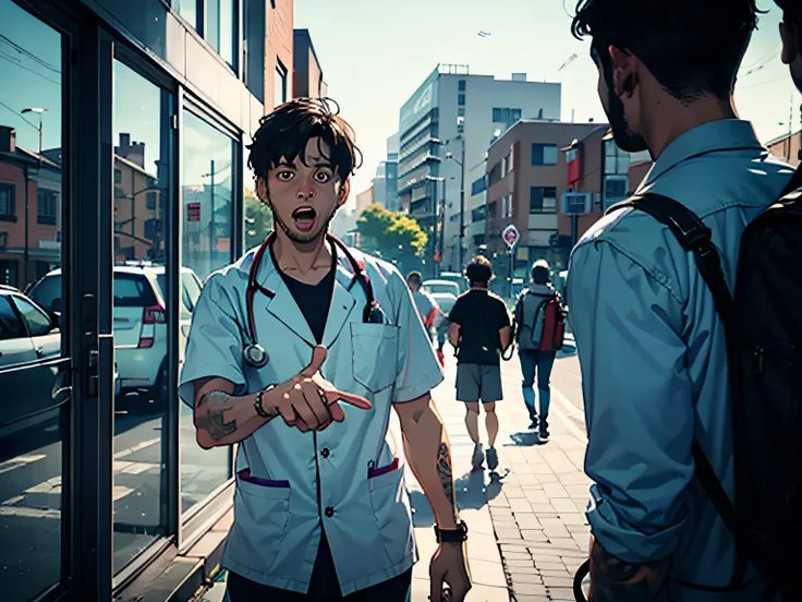 hospital in background，of a guy，The expression is crazy，People around you point fingers