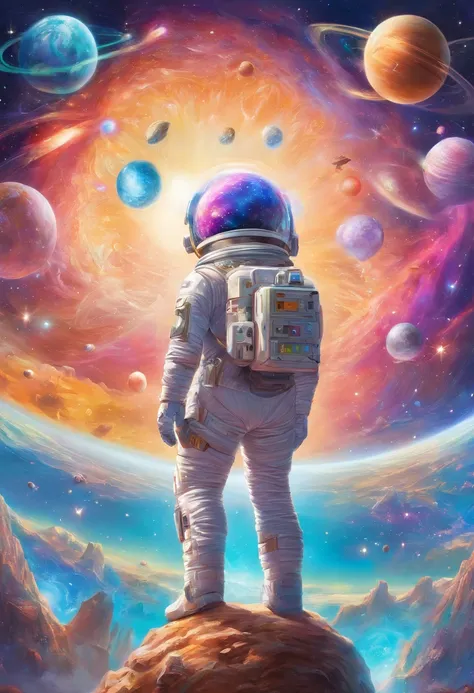 in this mesmerizing oil painting, we encounter a majestic deep space explorer. the main subject is a futuristic, humanoid figure...