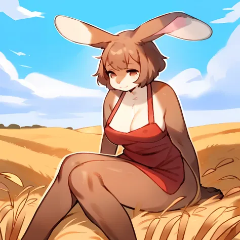 short busty rabbit girl wearing nothing but a red apron, brown fur, wheat field, looking in the distance, by bebebebebe, by spuy...