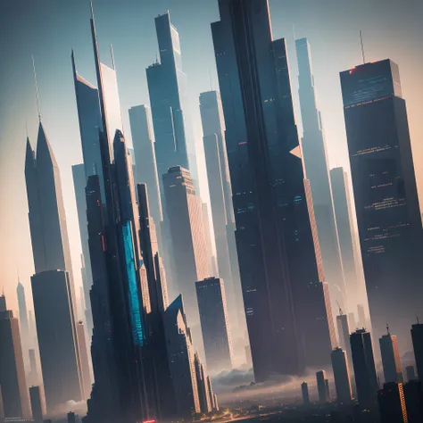 best quality, 8k, ultra-detailed:1.2), futuristic skyline of towering skyscrapers, cyberpunk, sci-fi art, planet earth, a futuri...