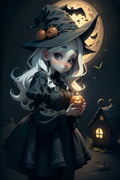 A lovely witch, A full moon, House of the Witch, Jack-o-lantern，and a mysterious image，Halloween. Although it was night，But brig...