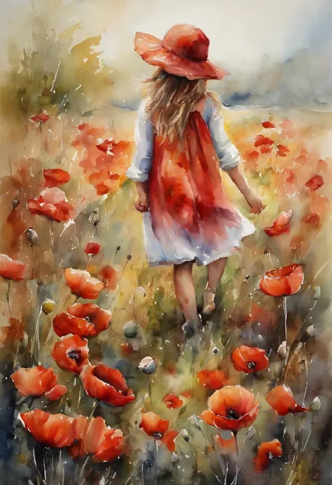 girl playing in a poppy field, . masterpiece.