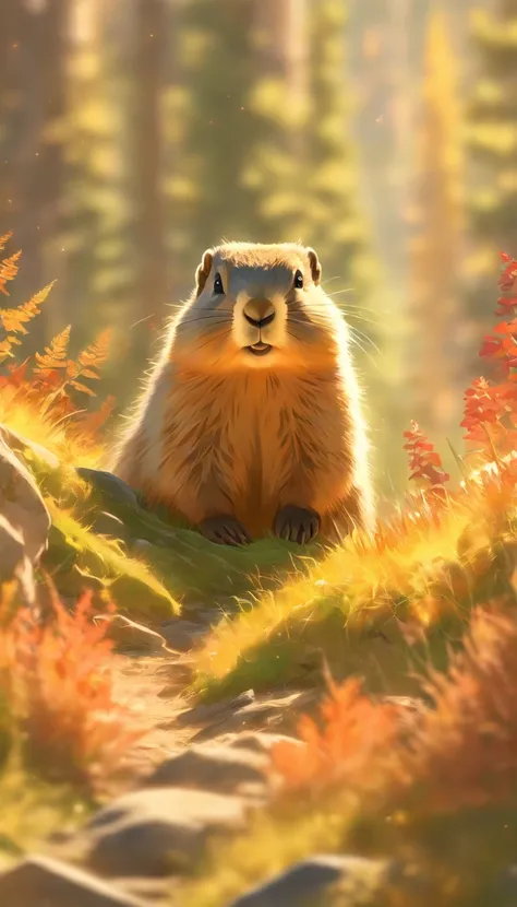 mountain marmot,eating,autumn scenery,fluffy fur,curious expression,furry paws,natural habitat,rocky mountain,alpine vegetation,...