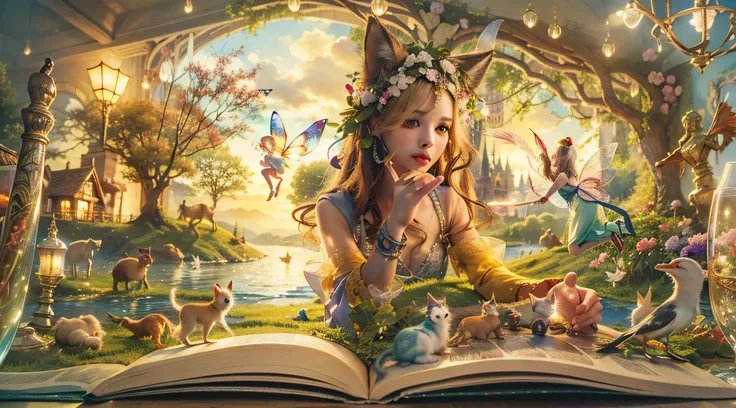 (fantasy fairy tale picture book), open state, animals and magical lights emerge from the book, complicated details，(((4k, maste...